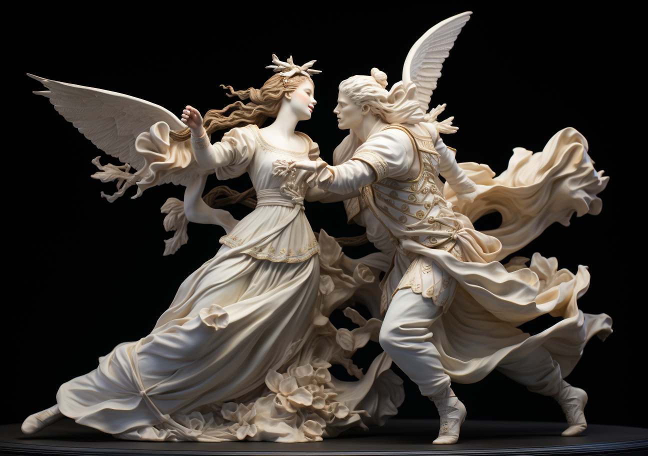 Winged angels ivory embrace art print depicting two celestial figures in marble dance