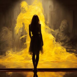 Woman glowing yellow light art print with silhouetted figure and ethereal forms