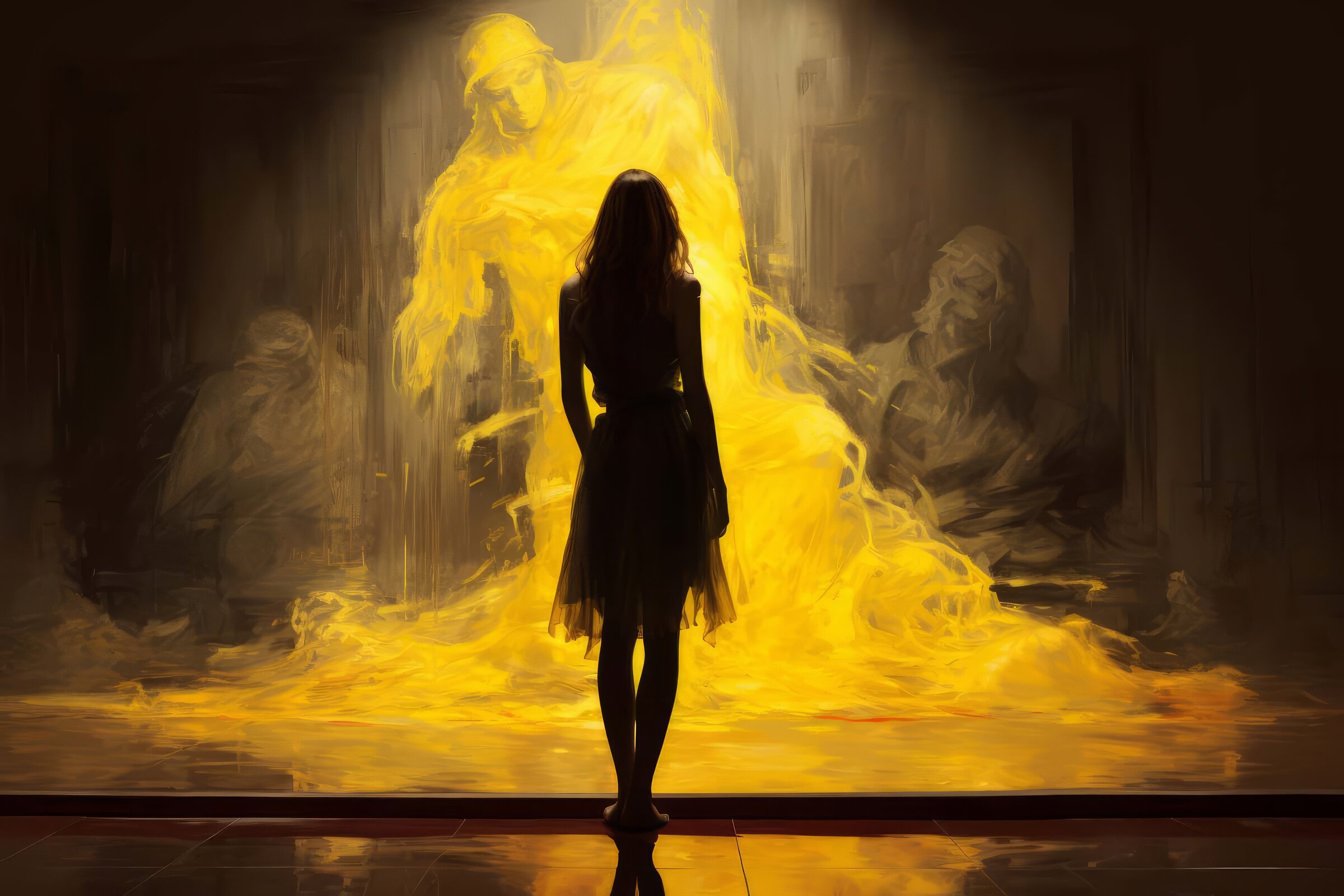 Woman glowing yellow light art print with silhouetted figure and ethereal forms