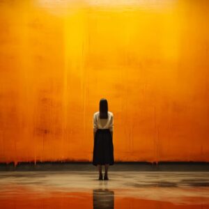 Woman before orange wall art print with solitary figure facing glowing orange surface