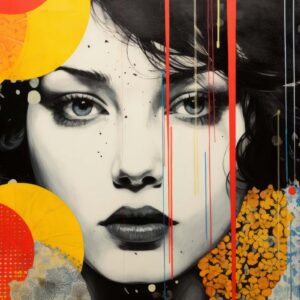 Woman portrait yellow circles art print with red drips and yellow floral collage