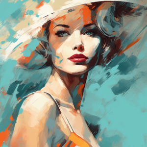 A woman white hat blue eyes art print with crimson lips and dramatic white brim