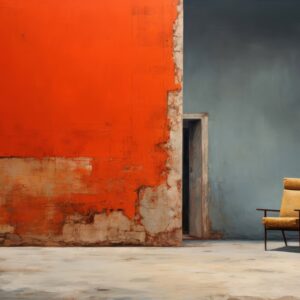 Yellow armchair red wall art print with solitary chair beside dark doorway