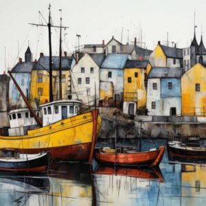 Yellow fishing boats harbour art print with colourful buildings and water reflections