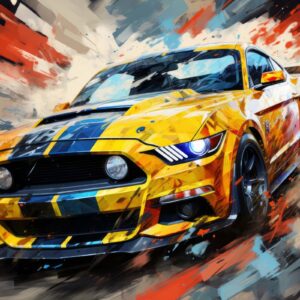 Yellow mustang blue stripes art print of dynamic muscle car with explosive colours