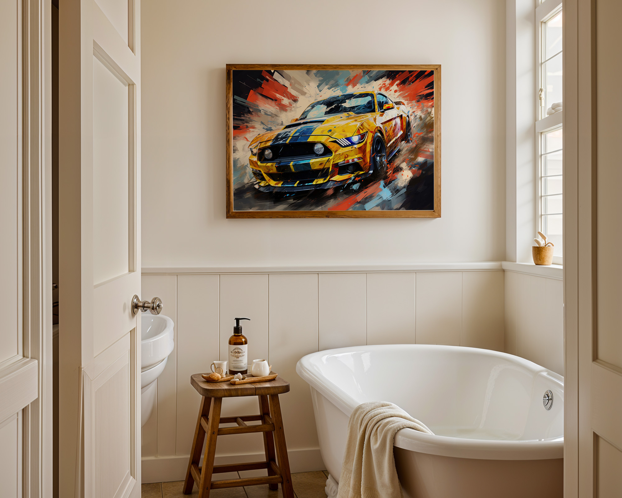 Colour in the Quiet Quarter Yellow Mustang Art Print - room mockup