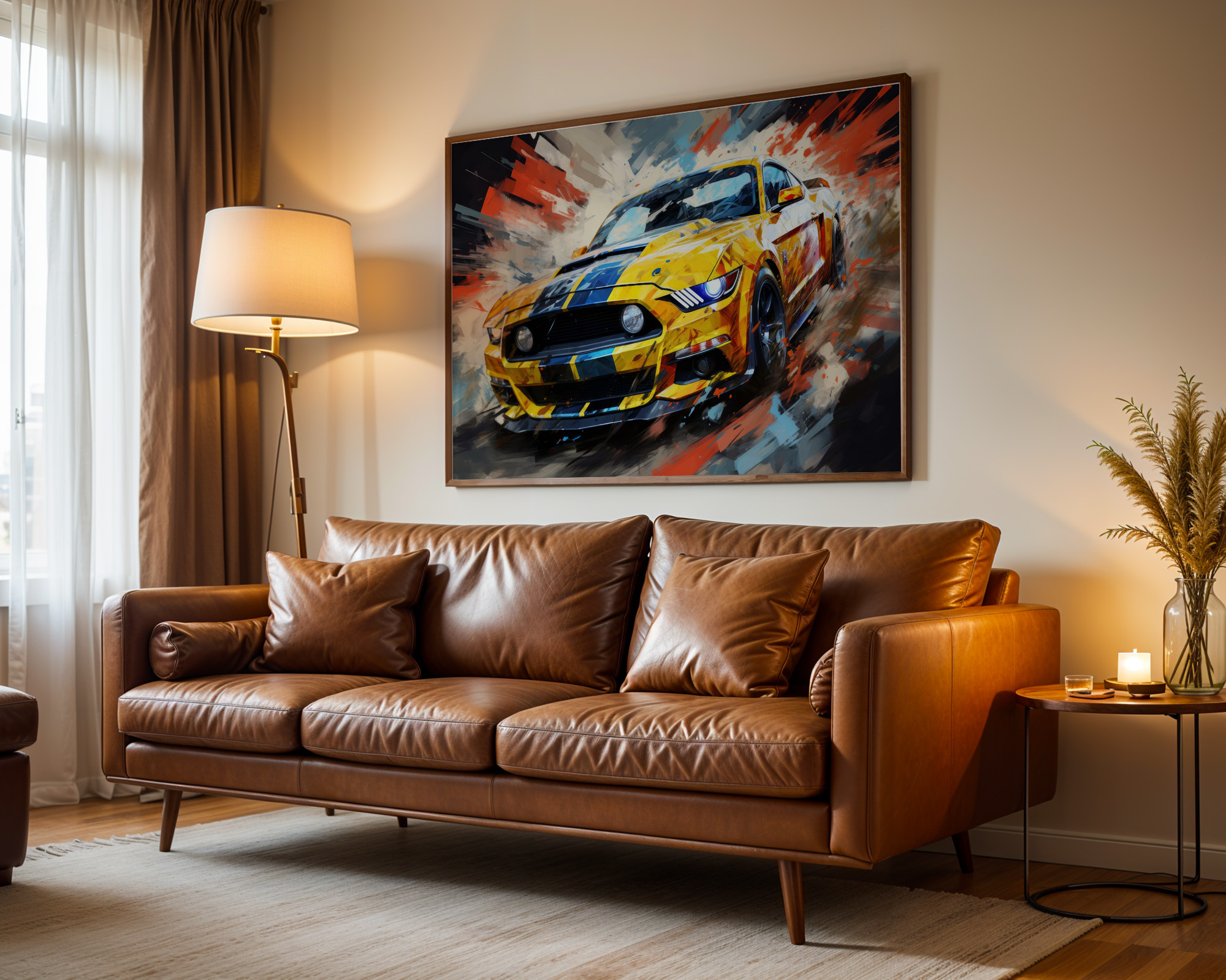 Colour in the Quiet Quarter Yellow Mustang Art Print - room mockup