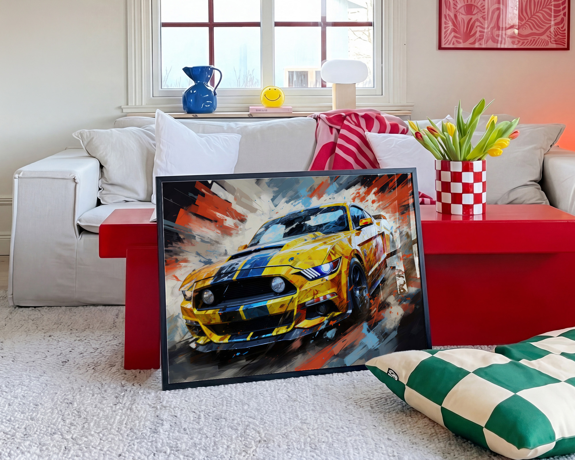 Colour in the Quiet Quarter Yellow Mustang Art Print - room mockup