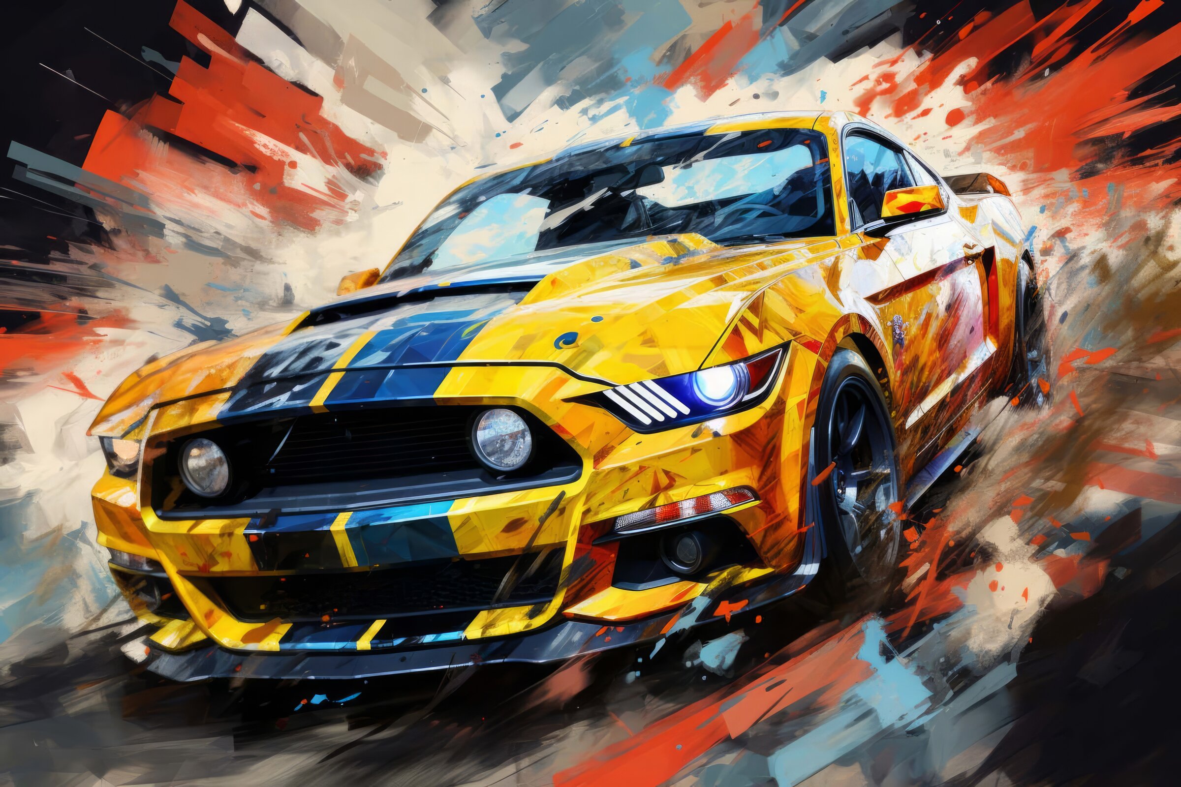Yellow mustang blue stripes art print of dynamic muscle car with explosive colours