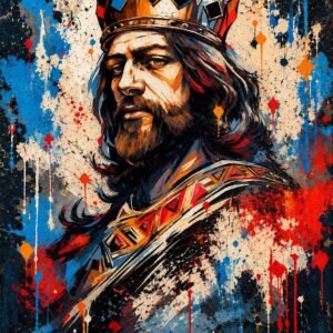 bearded king golden crown art print of a regal monarch with paint splatters