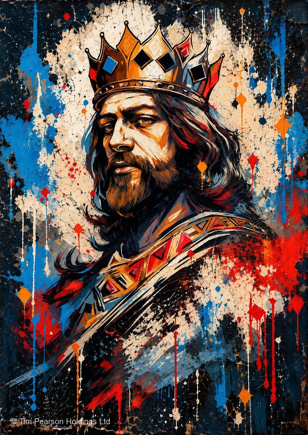 bearded king golden crown art print of a regal monarch with paint splatters