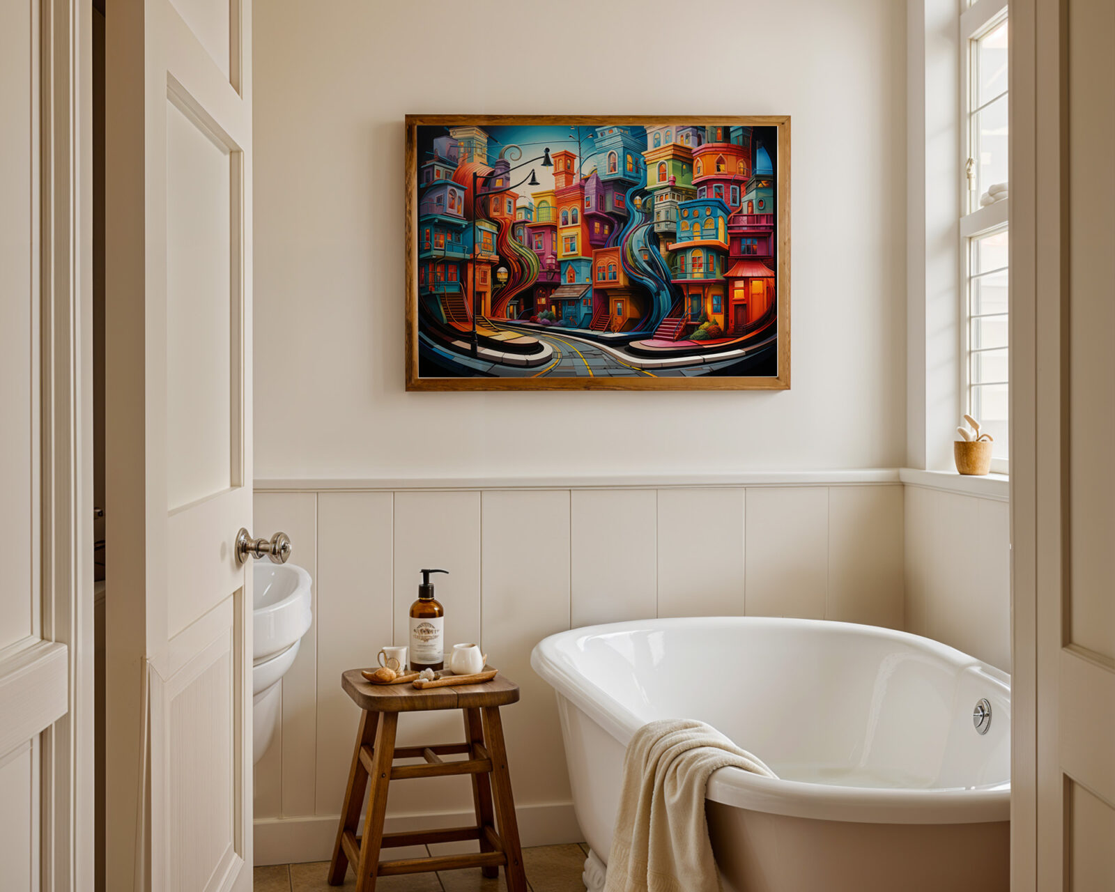 Chromatic Currents Colourful Buildings Art Print - room mockup