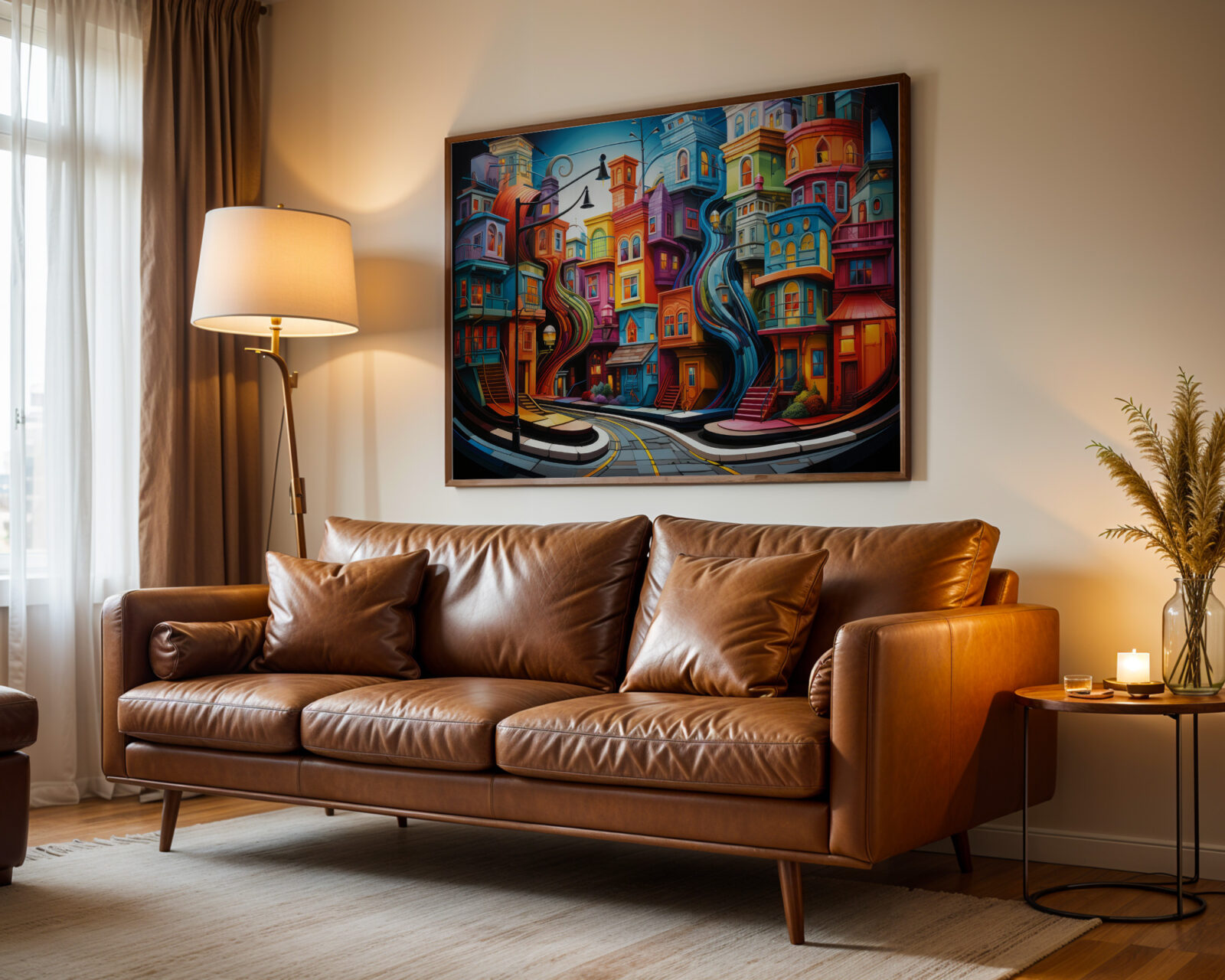 Chromatic Currents Colourful Buildings Art Print - room mockup