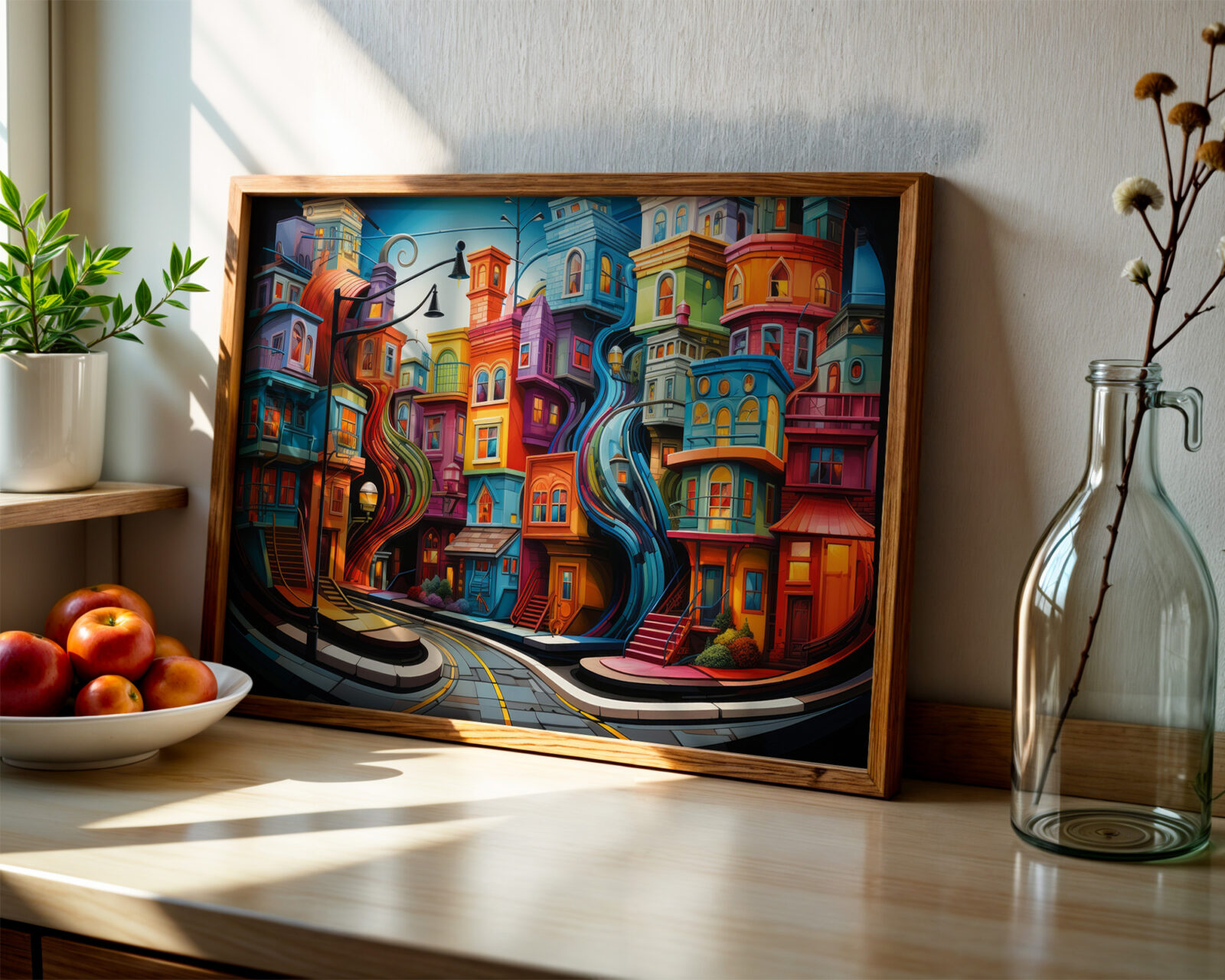 Chromatic Currents Colourful Buildings Art Print - room mockup