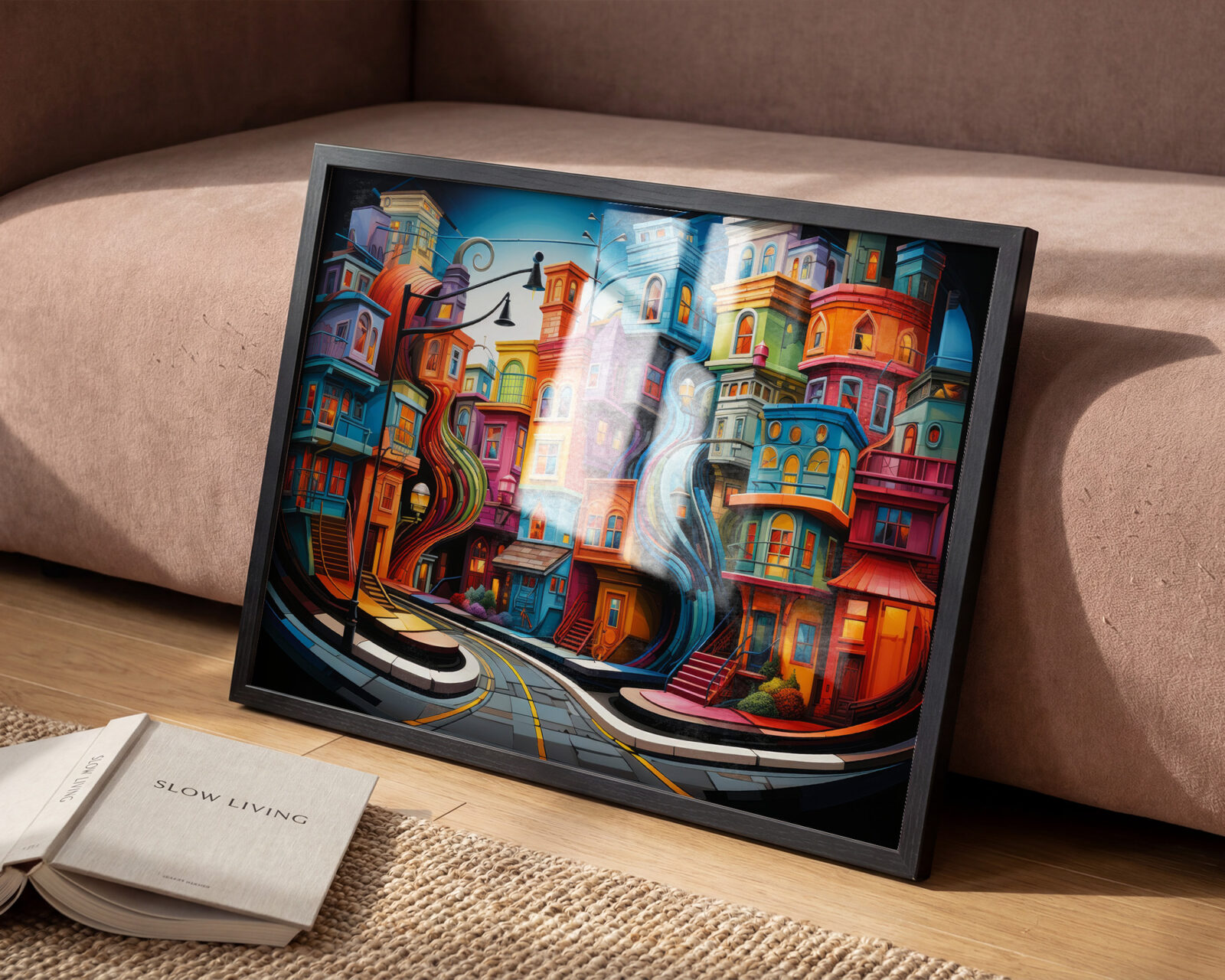 Chromatic Currents Colourful Buildings Art Print - room mockup