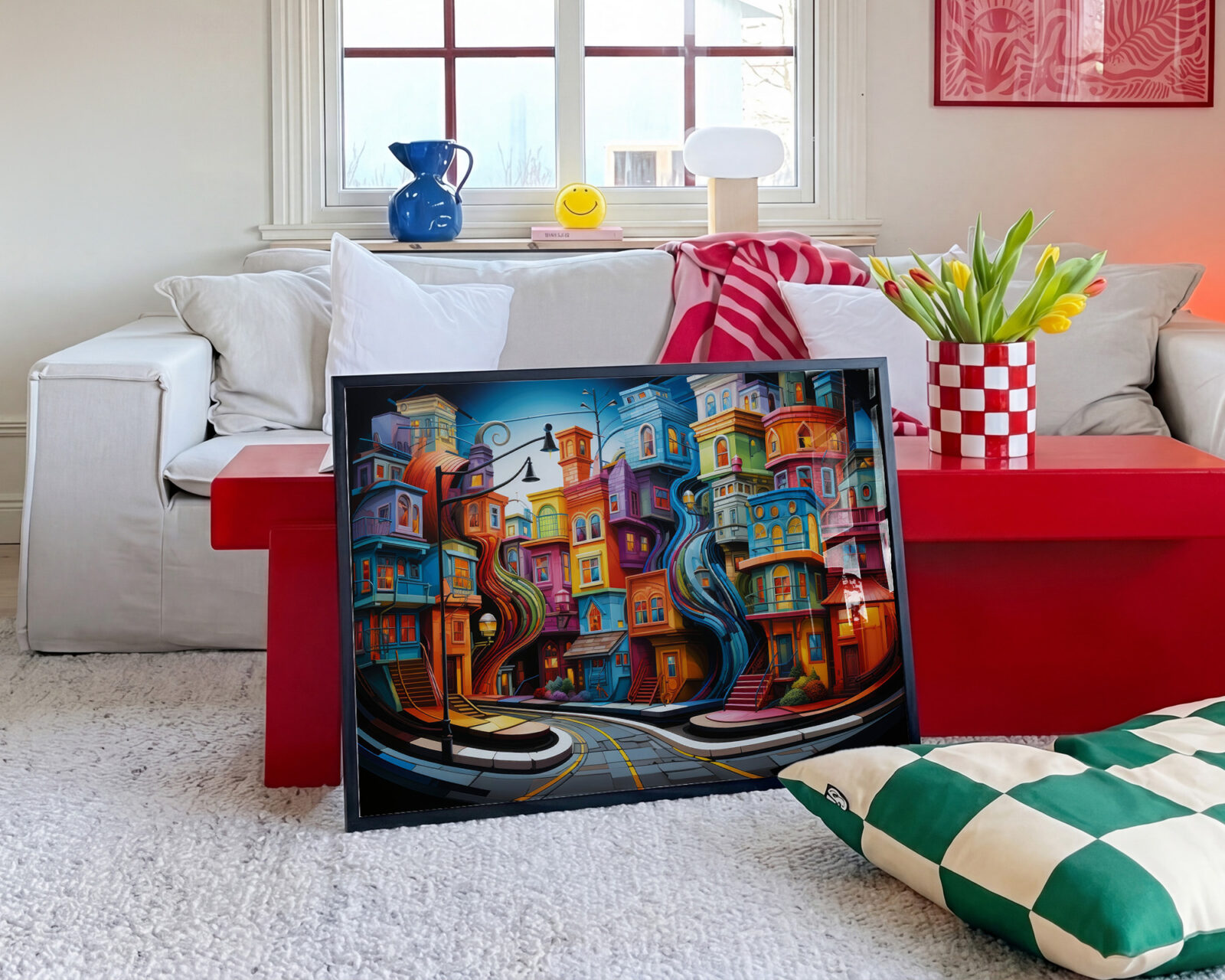 Chromatic Currents Colourful Buildings Art Print - room mockup