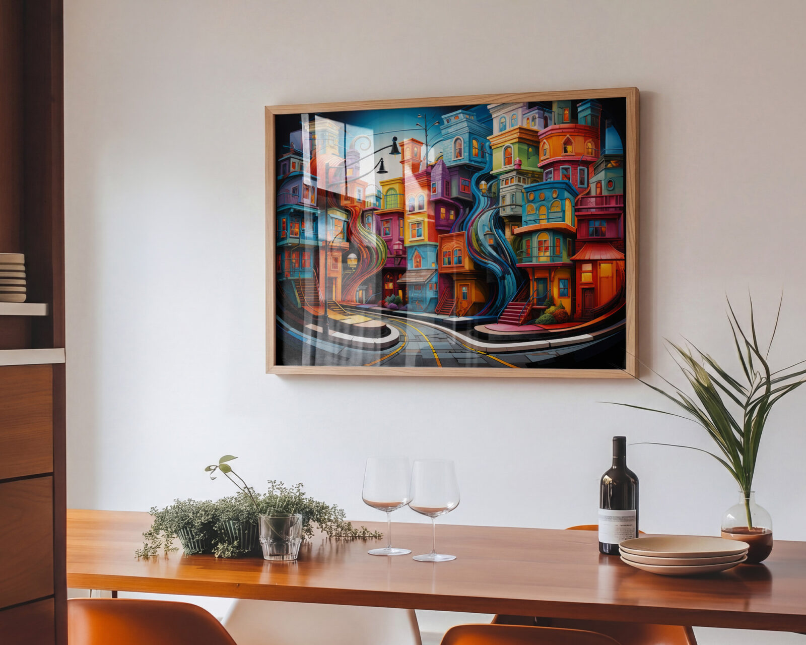 Chromatic Currents Colourful Buildings Art Print - room mockup
