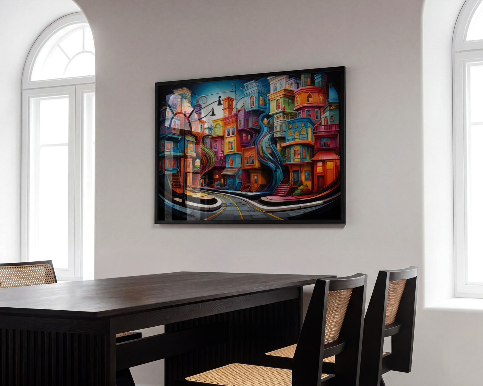 Chromatic Currents Colourful Buildings Art Print - room mockup