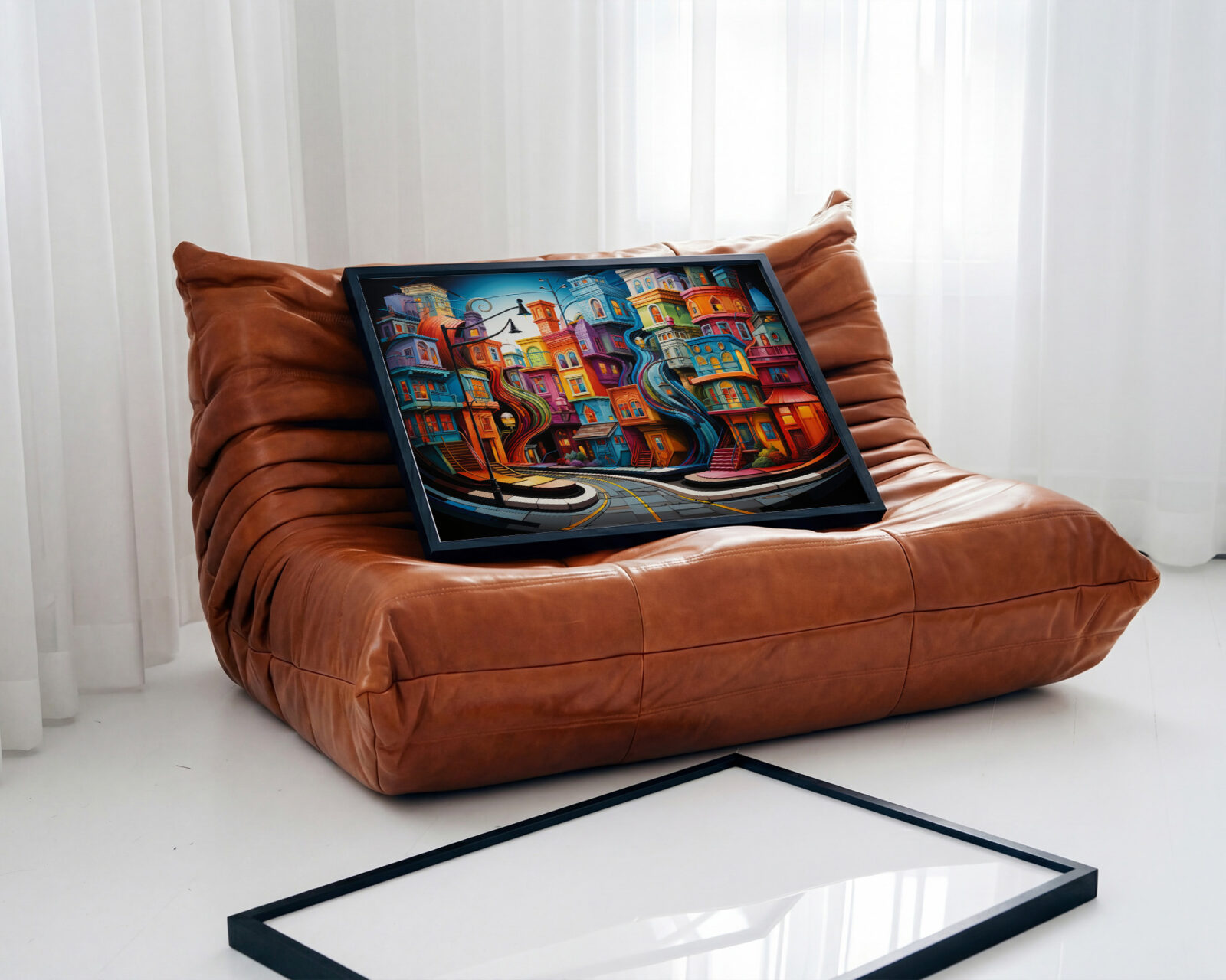 Chromatic Currents Colourful Buildings Art Print - room mockup