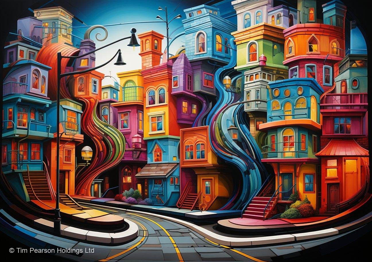 Colourful buildings winding street art print with surreal flowing houses and lit windows