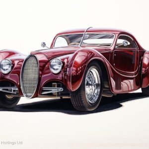 Crimson vintage sports car art print of deep red Art Deco coupe with horseshoe grille