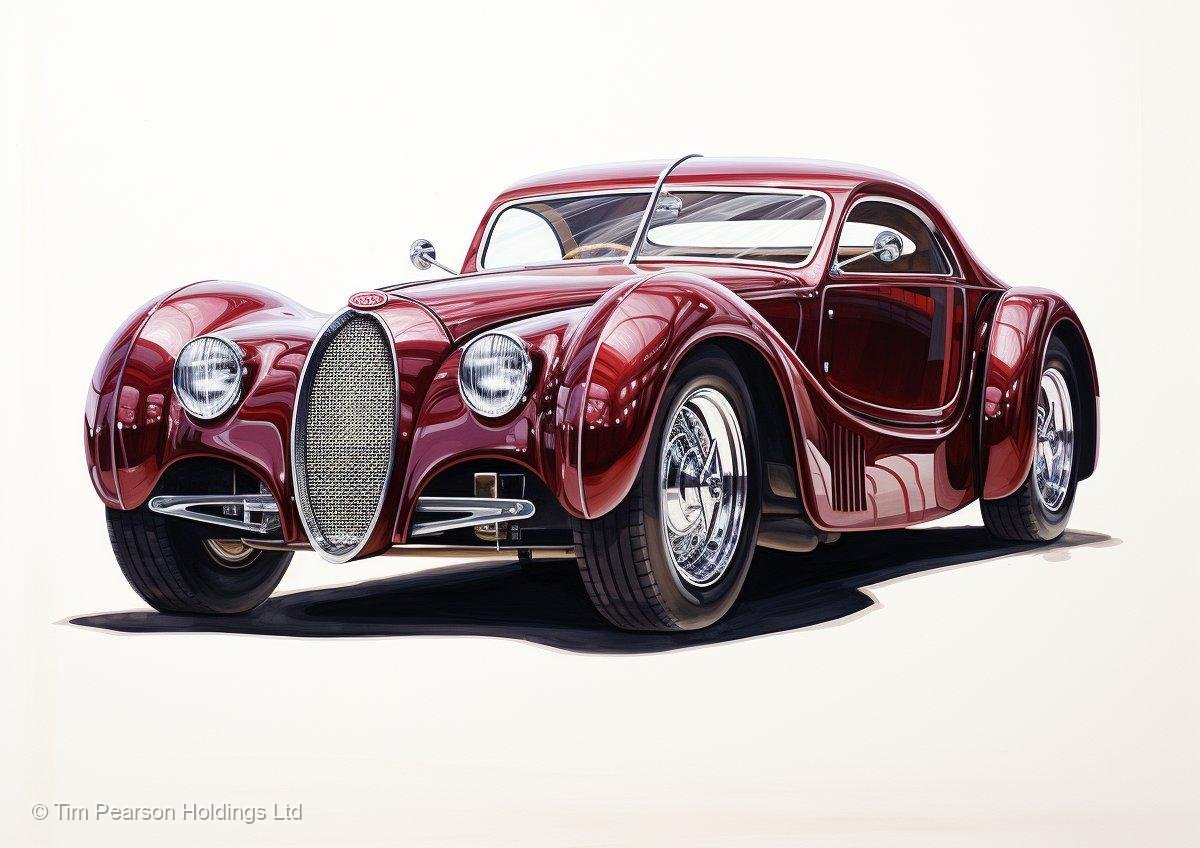 Crimson vintage sports car art print of deep red Art Deco coupe with horseshoe grille