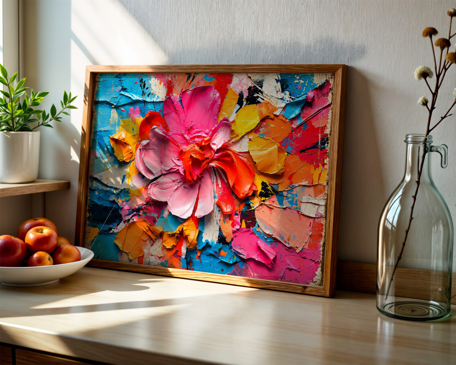Petal Storm Hot Pink Impasto Flower Print - room mockup