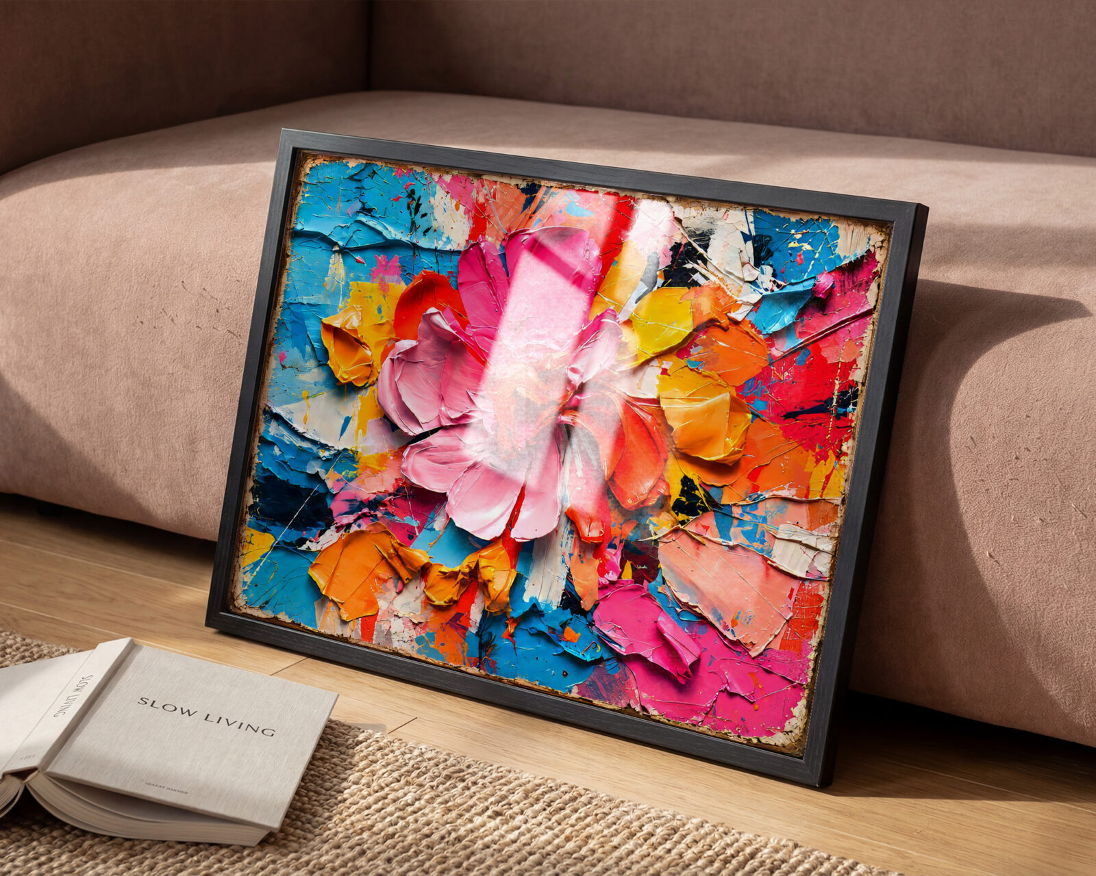 Petal Storm Hot Pink Impasto Flower Print - room mockup