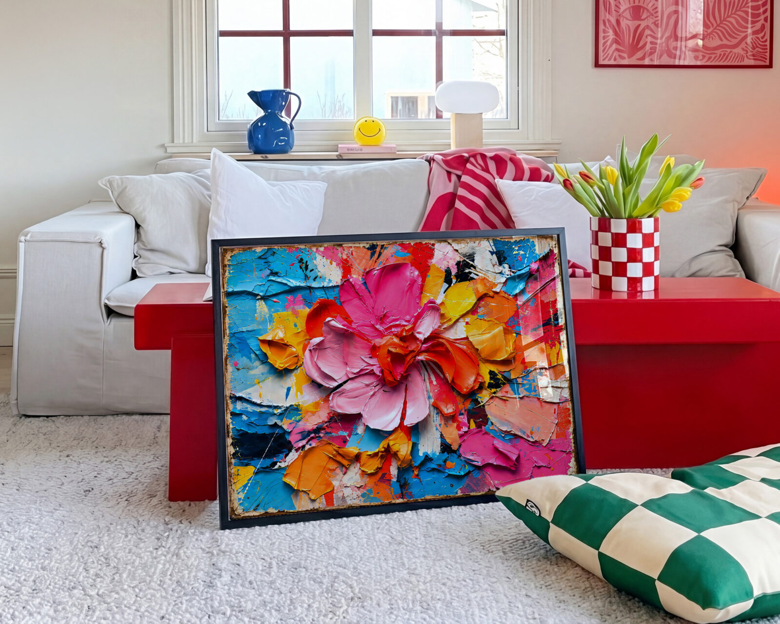Petal Storm Hot Pink Impasto Flower Print - room mockup