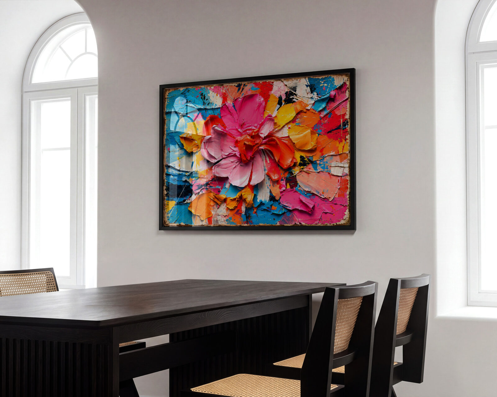 Petal Storm Hot Pink Impasto Flower Print - room mockup