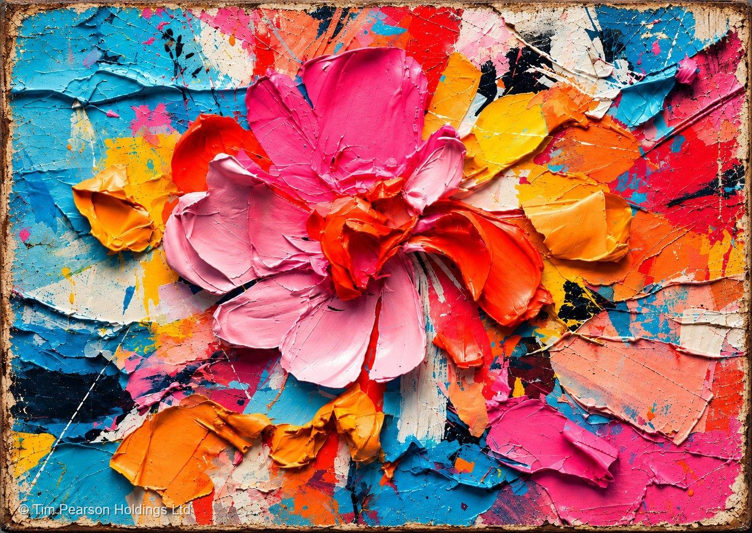 Hot pink impasto flower art print with thick pink petals and orange coral centre on colourful ground