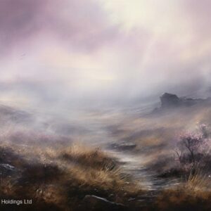 Misty moorland path art print with lavender mist golden grasses and winding highland trail