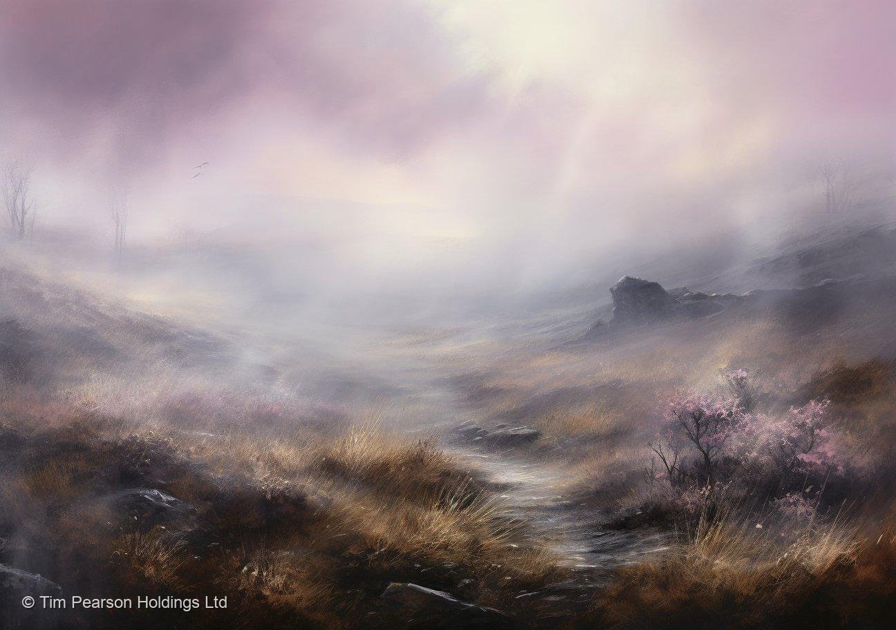 Misty moorland path art print with lavender mist golden grasses and winding highland trail