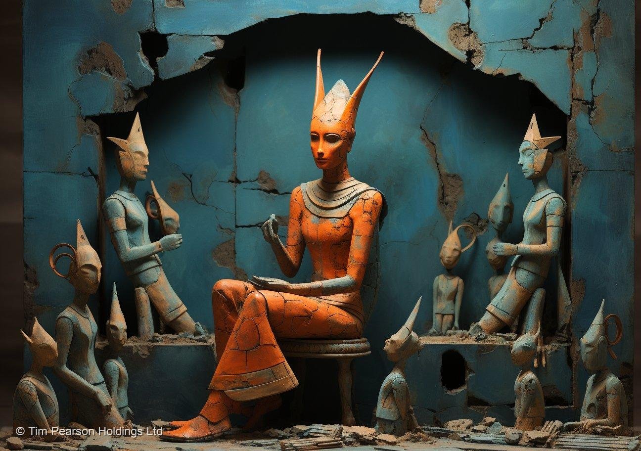 Terracotta sovereign azure court art print of orange figure with blue ceramic attendants