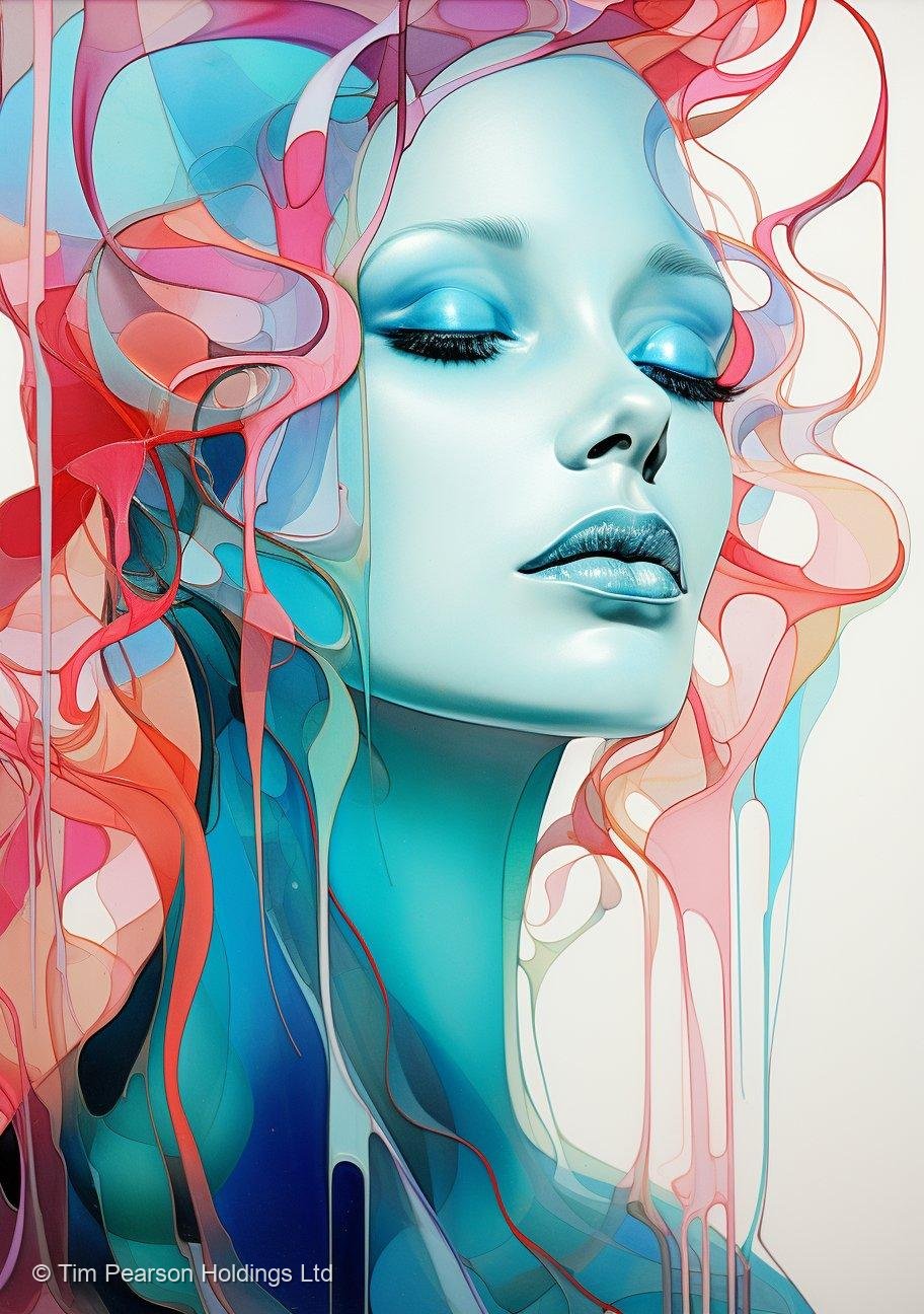 Turquoise muse coral ribbons art print featuring closed eyes and swirling translucent coral strands