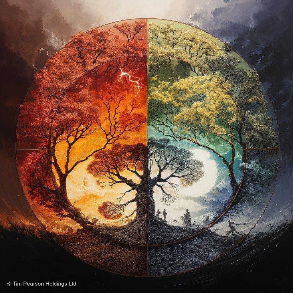 Circular yin yang seasons tree art print with fiery red and icy blue halves